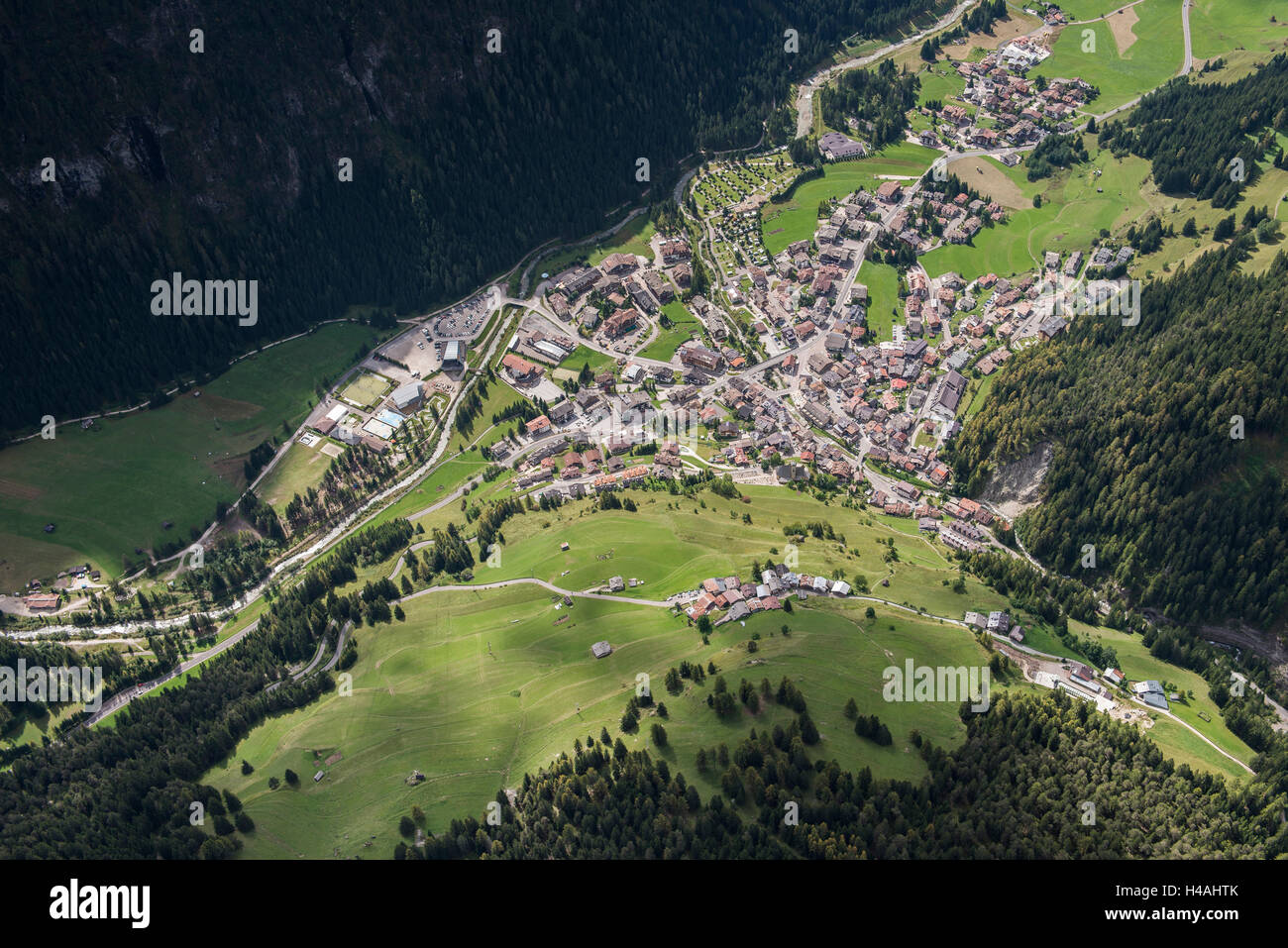 Campitello, Val di Fassa, mountain village, cable car, Italy, scenery, aerial picture Stock Photo