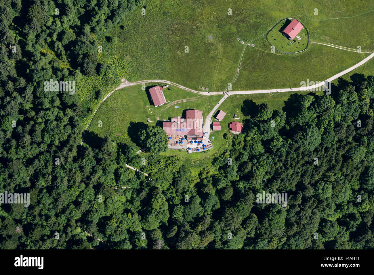 Eckbauer, Eckbauer alp, Partenkirchen, Garmisch-Partenkirchen, Germany, Bavaria, Upper Bavaria, uplands, Werdenfelser Land, aerial picture, summer, mountain restaurant, mountain hut Stock Photo