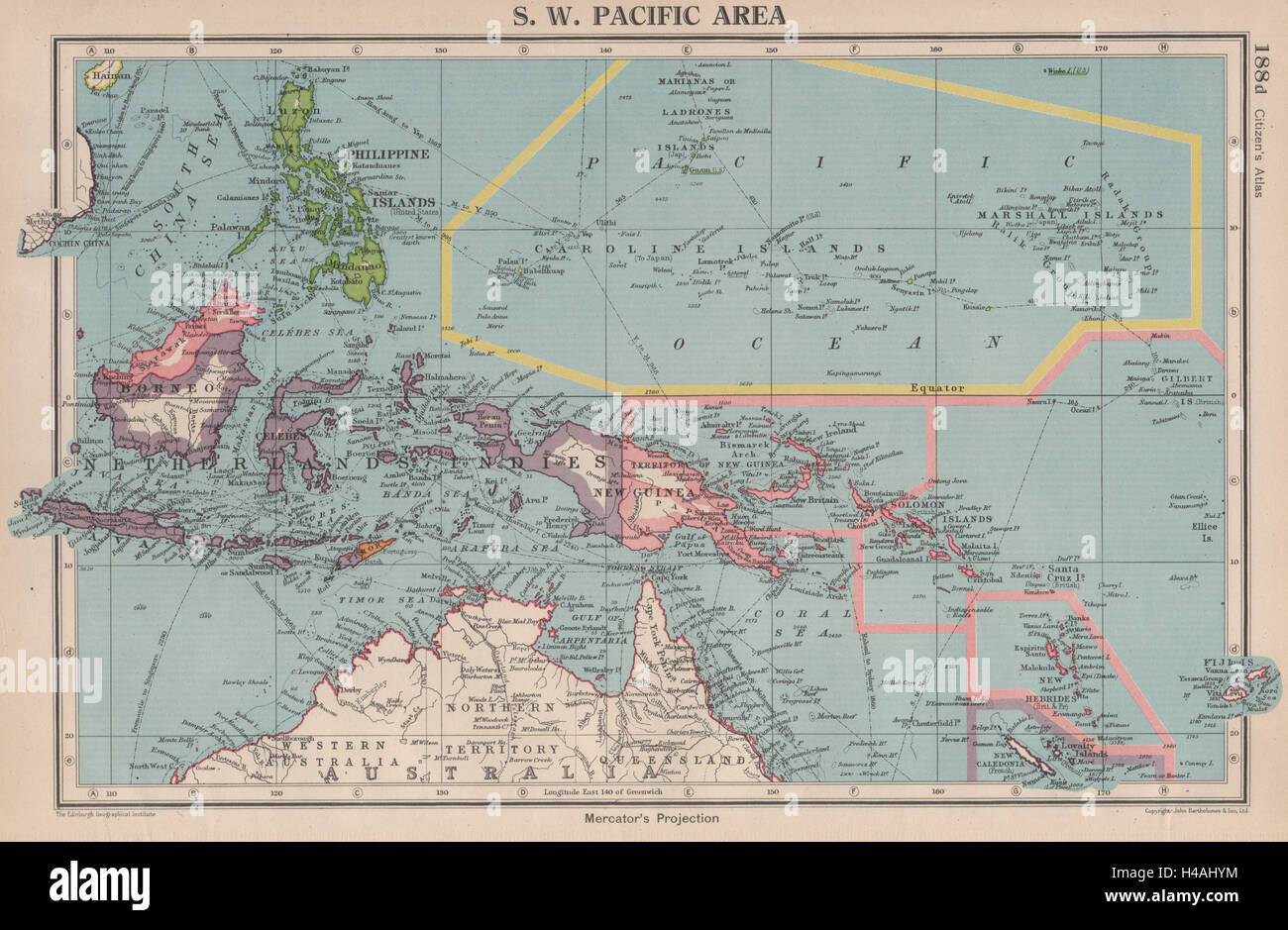 SOUTH-WEST PACIFIC shows Japanese-occupied Micronesia. Caroline Islands 1944 map Stock Photo