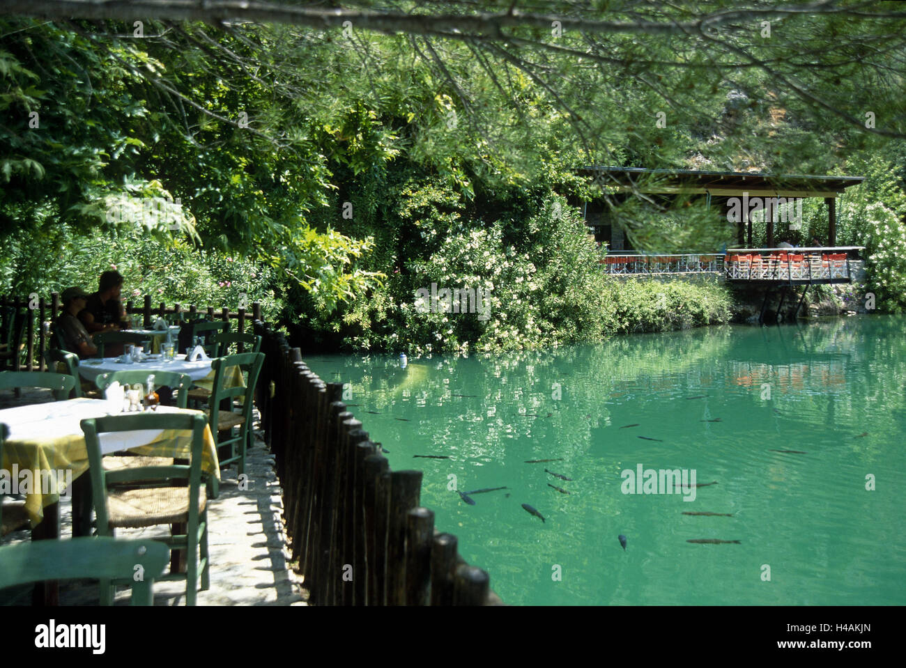 Greece, Crete, Votomos lake, trouts, tavern, terrace, Stock Photo