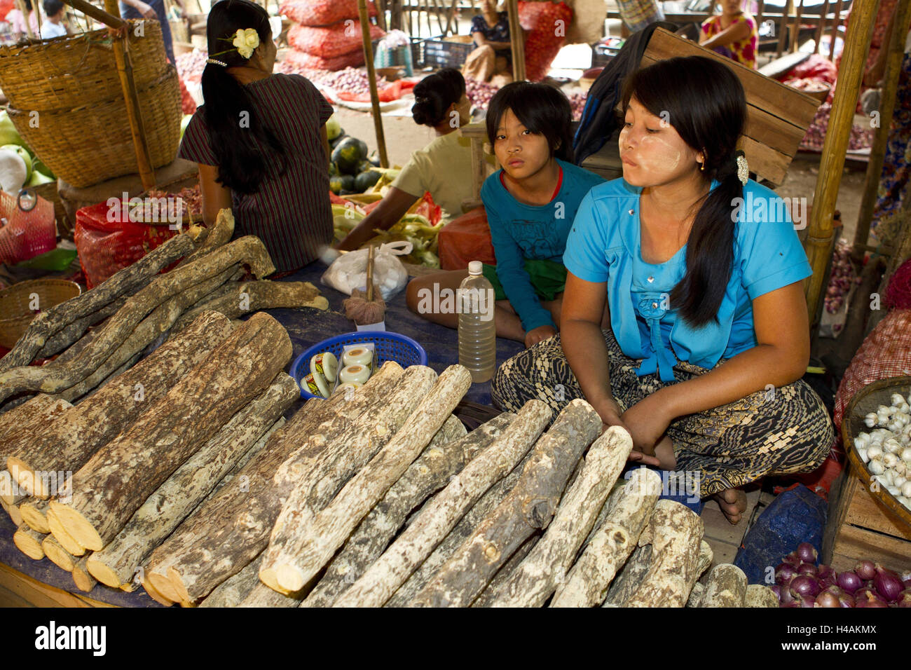 Myanmar, city of Bagan, market, sales of Thanaka wooden, Stock Photo