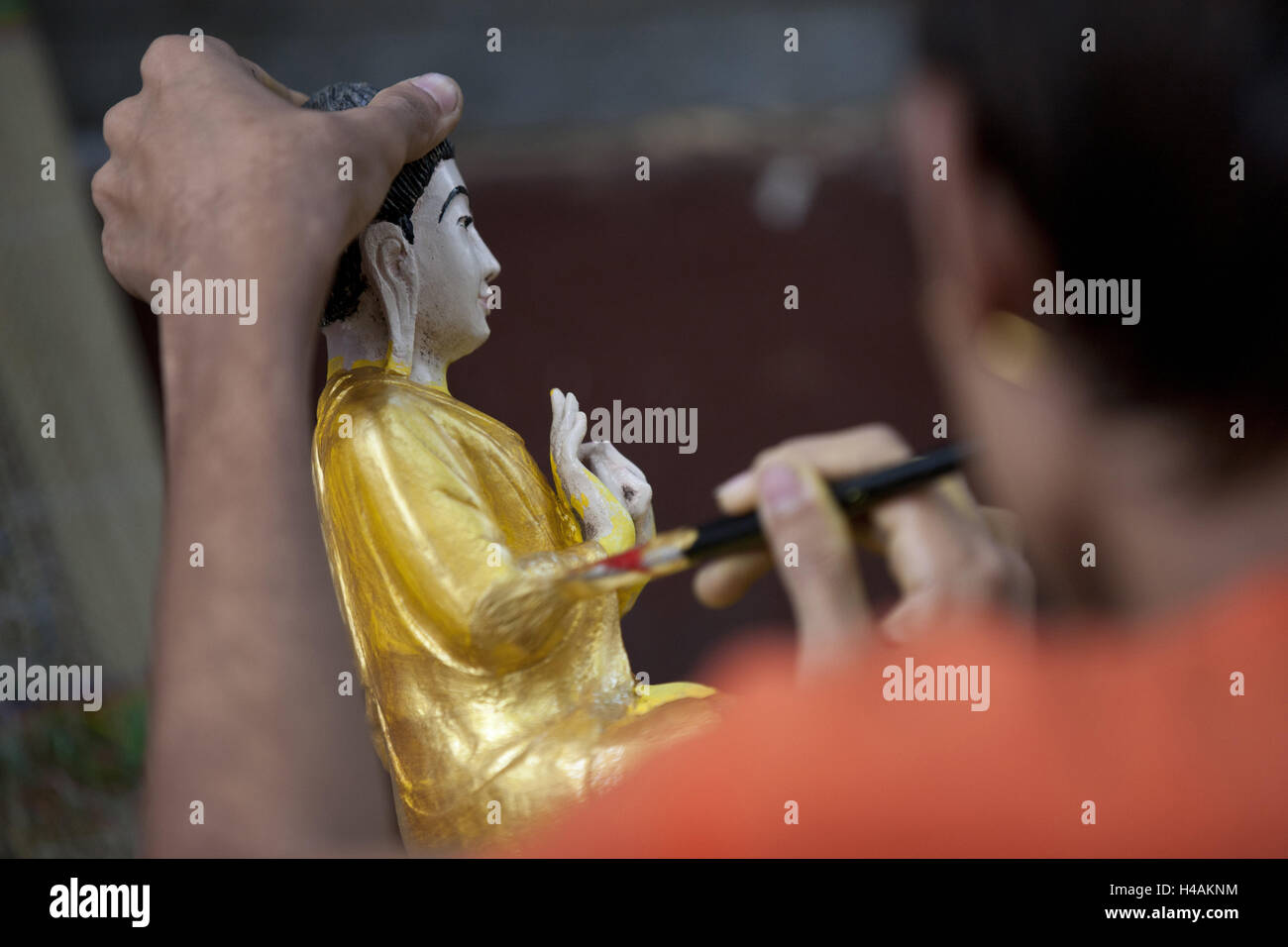 Myanmar, Rangoon, Shwedagon pagoda, also Shwedagon-Paya, Stupa, man paints Buddha's character, Stock Photo