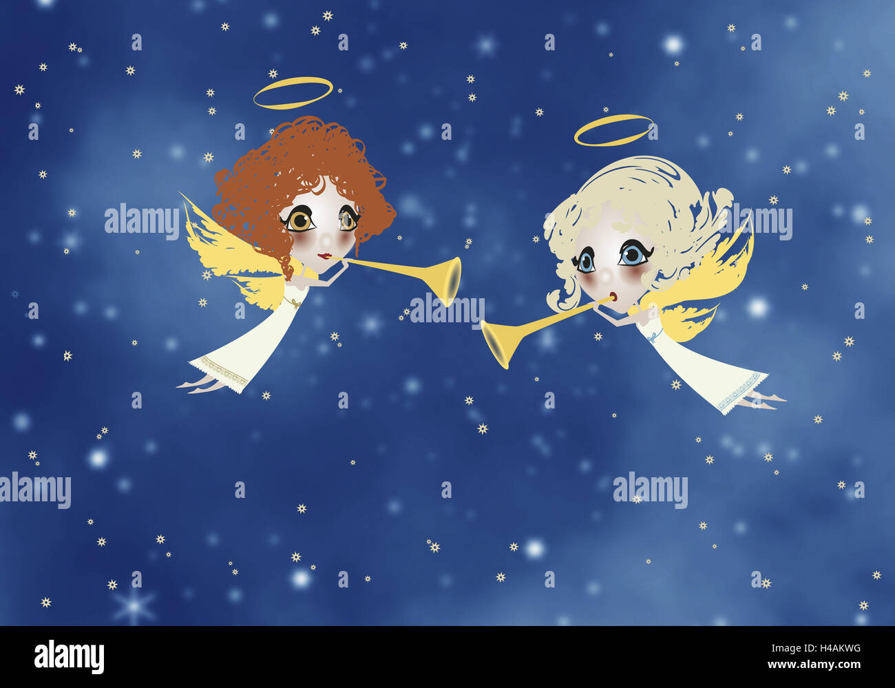 Illustration, heaven, angel, two, blond, red-haired, trumpets, graphics, stars, starry skystarry skystarry skies, heaven beings, figures, little angels, for Christmas, heavenly, halo, wing, fly, play music, musician, there make music, trombones, together, Stock Photo