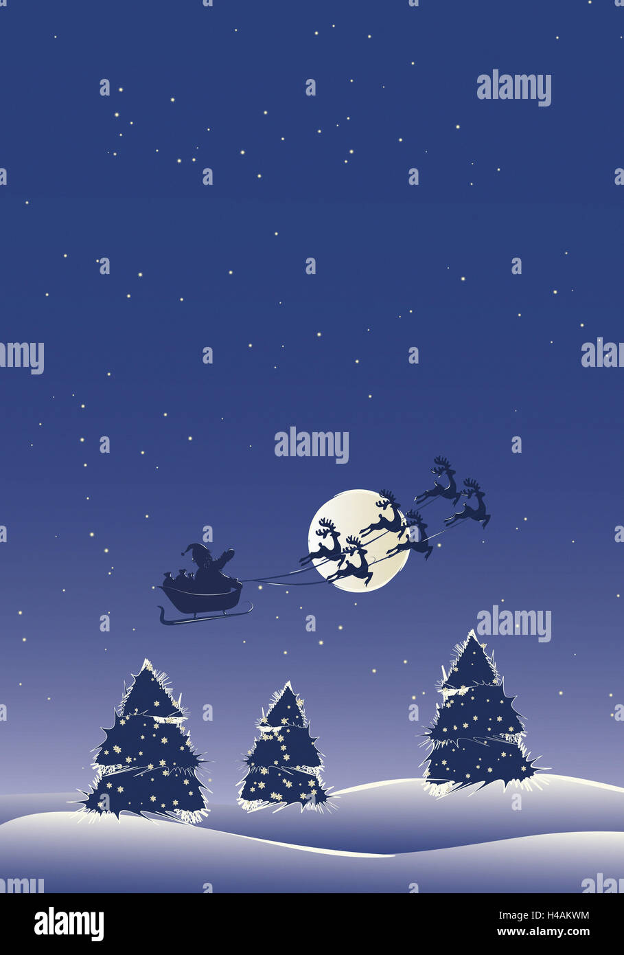 Illustration, Santa, reindeer sleigh, flying, Christmas presents, forest, moonlit night, Stock Photo