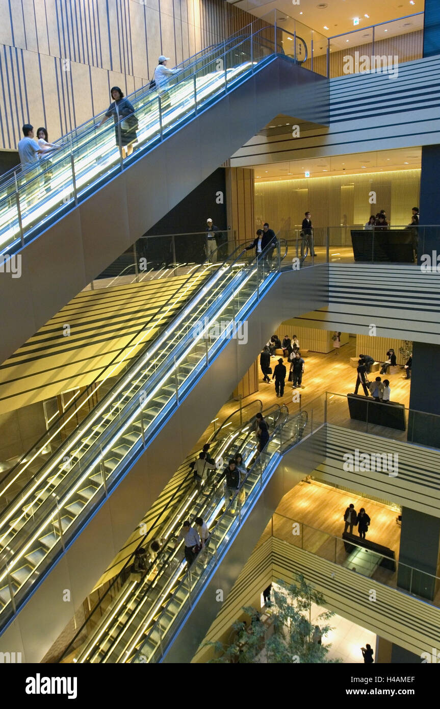 Japan, Tokyo, part town Roppongi, Tokyo Midtown, escalators, people, Asia, Eastern Asia, town, capital, building, architecture, inside, interior design, hotel, skyscraper, floors, gallery, stairs, multistoried, people, Asians, Stock Photo