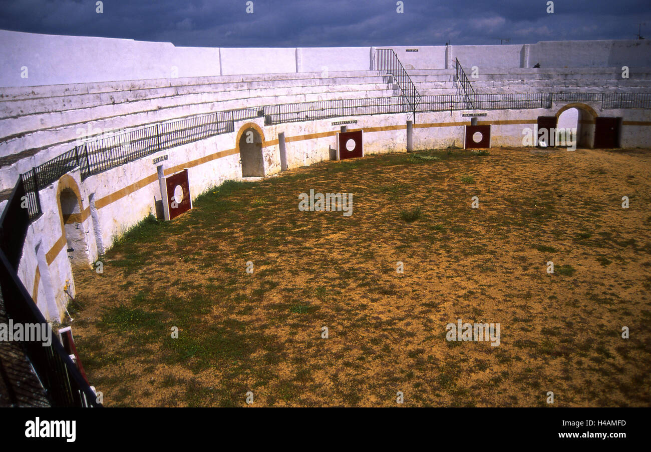 Spain, ex-diaeresis dura, Fuentes de Leon, bullfight arena, destination, place of interest, arena, bullfight, building, structure, architecture, rotunda, rows, stand, spectator's stand, outside, deserted, Stock Photo