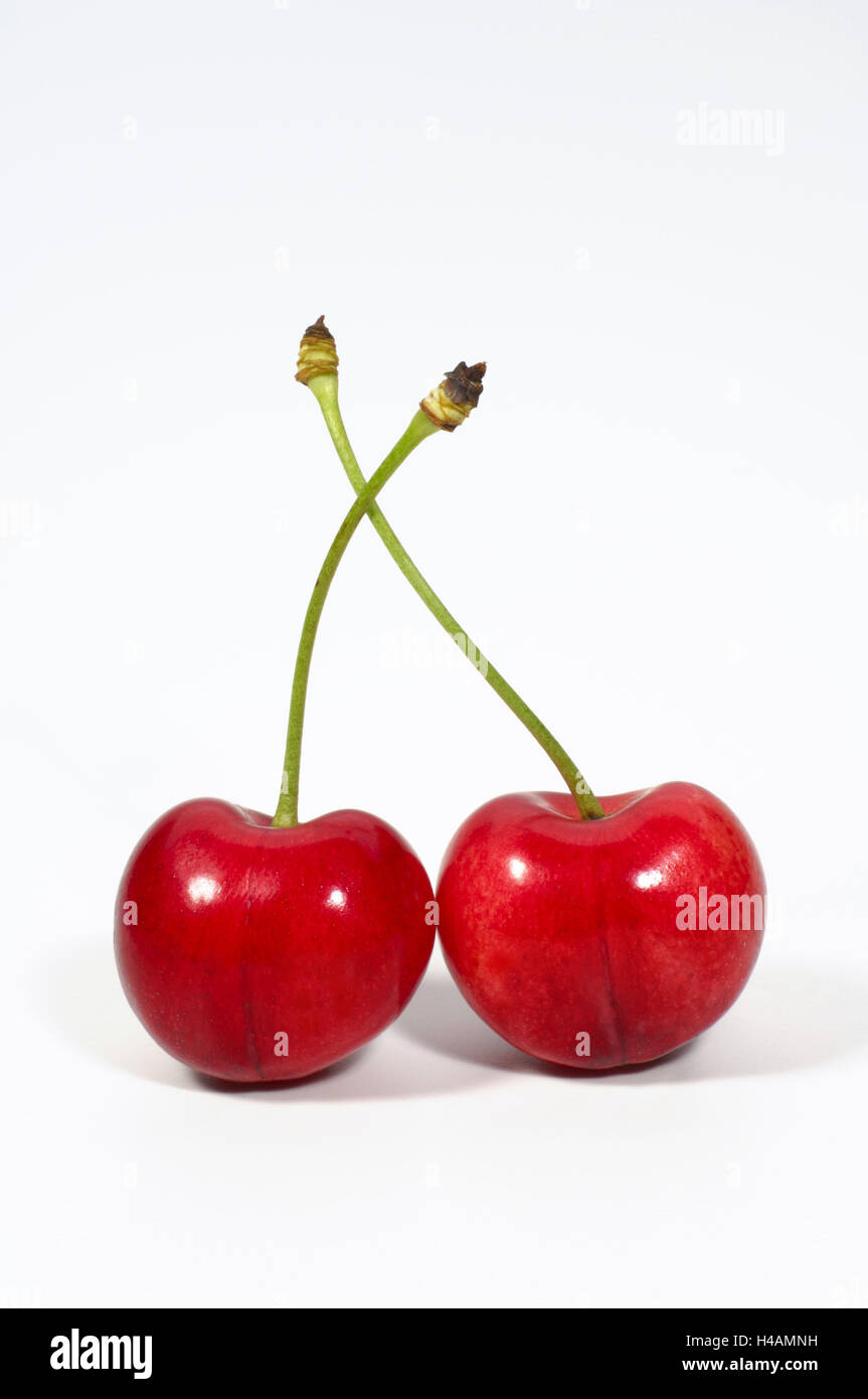 Cherries, two, red, ripe, Stock Photo