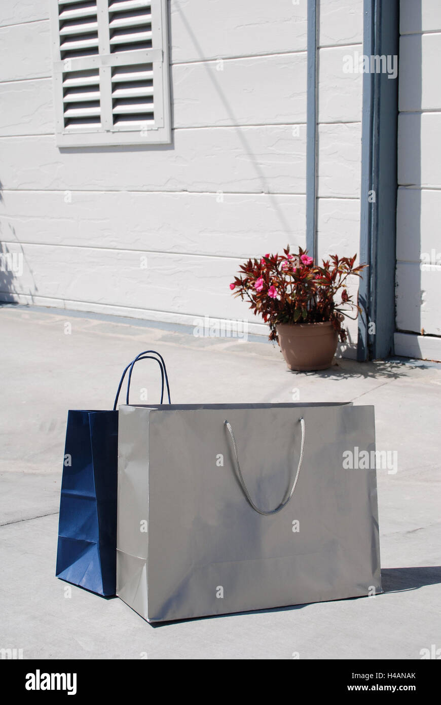 Shopping bags, driveway, put down, bags, two, silver, blue, garage