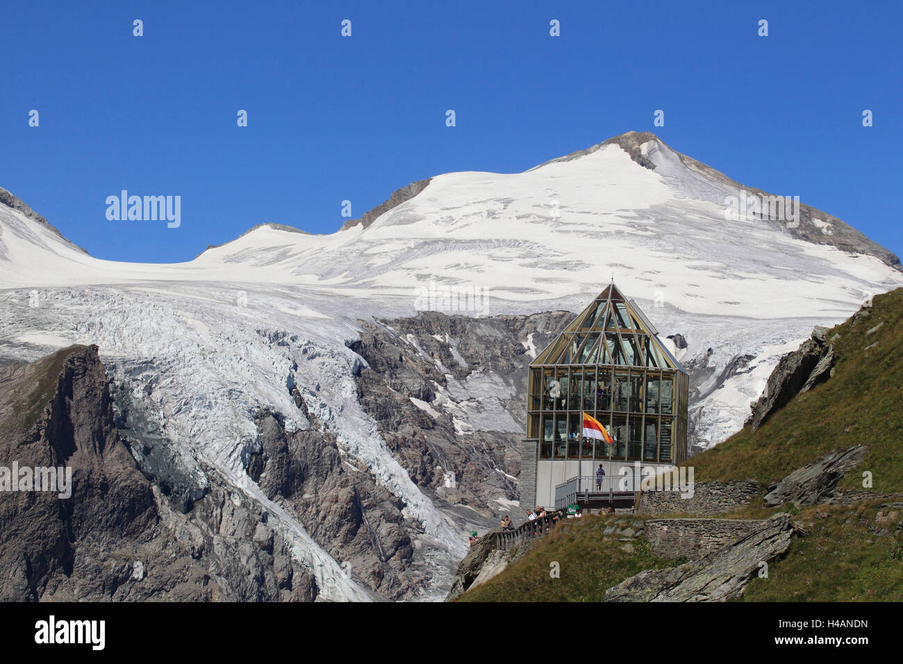 Grossglockner with Swarovski-observation vantage point Pasterzengletscher national park Hohe Tauern, Stock Photo
