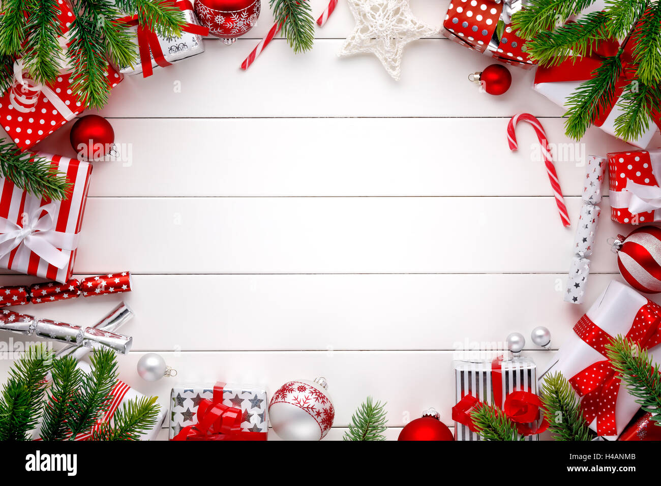 Christmas decoration on white wooden board Stock Photo