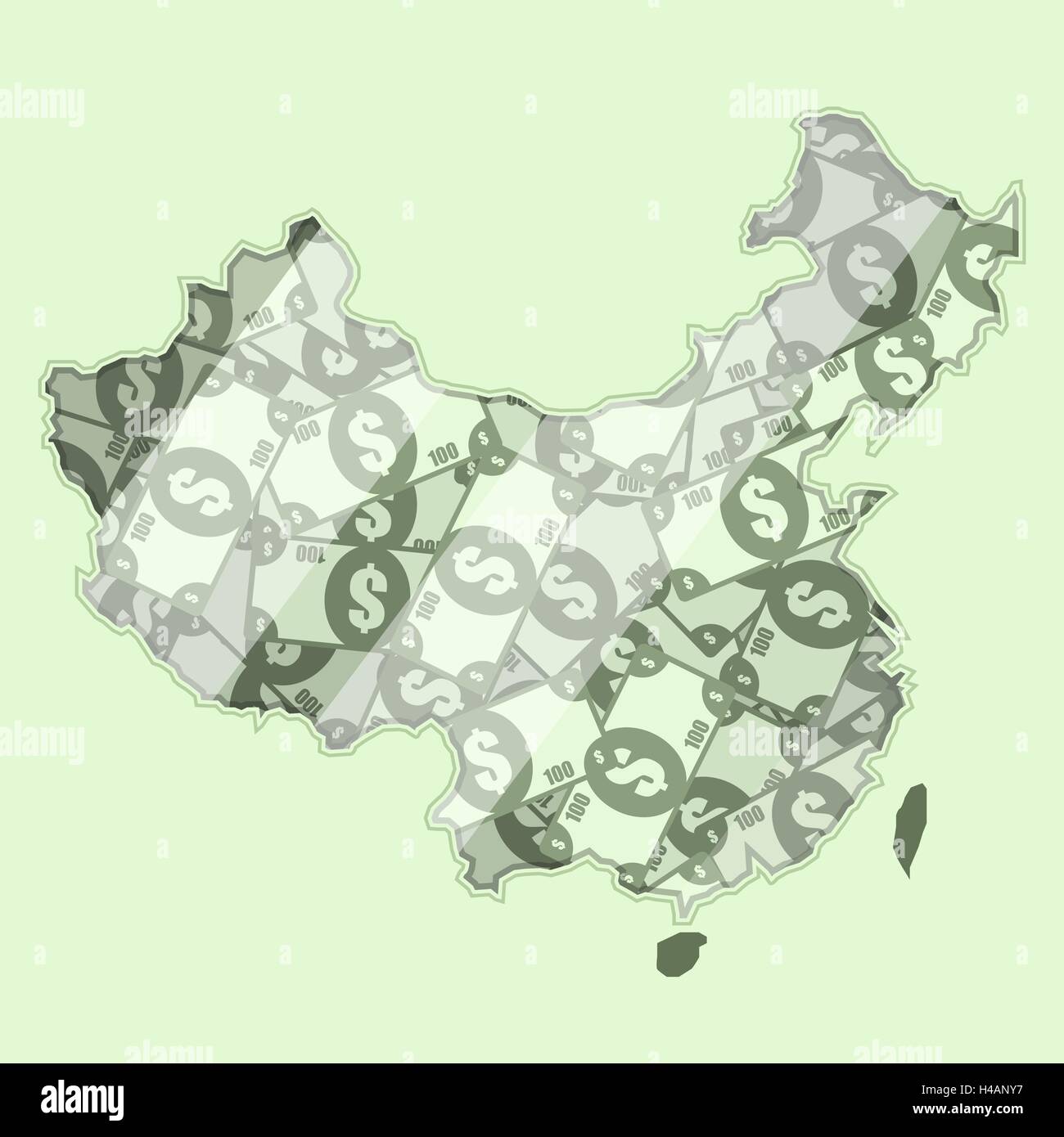 Map China covered in money, bank notes of one hundred dollars. On the map there is glass reflection. Conceptual. Stock Vector
