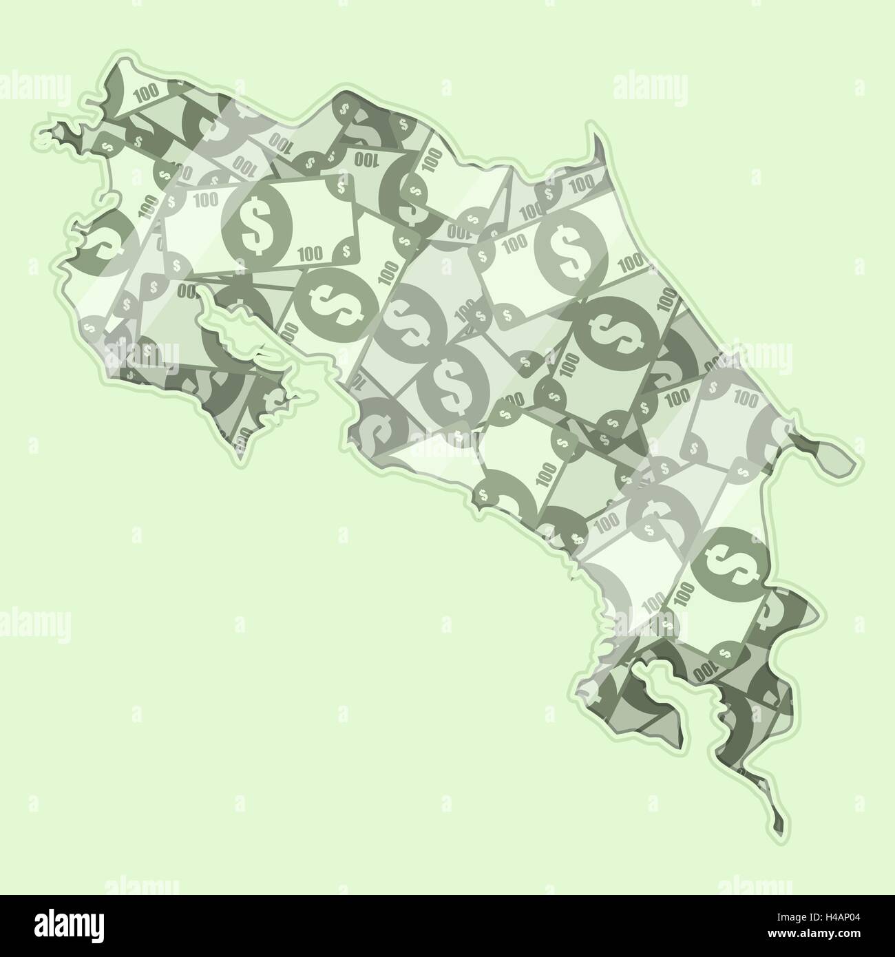 Map Costa Rica covered in money, bank notes of one hundred dollars. On the map there is glass reflection. Conceptual. Stock Vector
