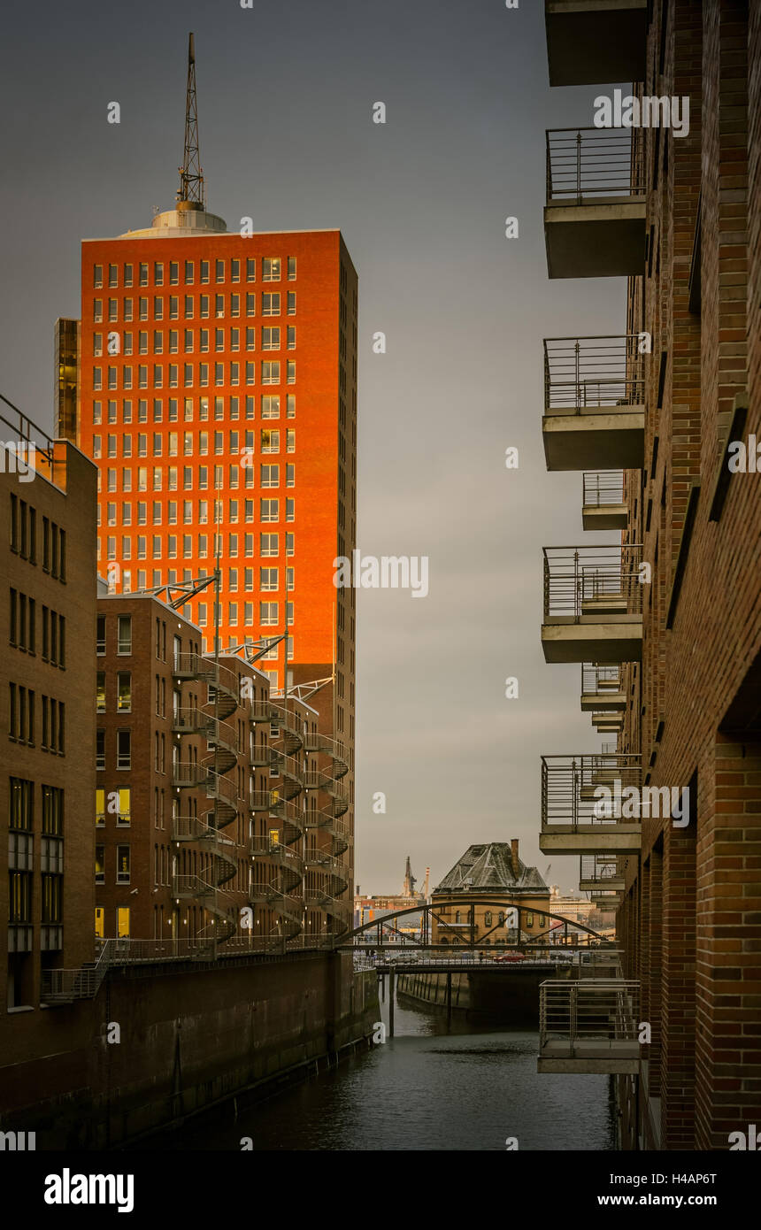 Germany, Hamburg, Speicherstadt, architecture, Tower, Hanseatic Trade Center, HTC, morning mood, Stock Photo