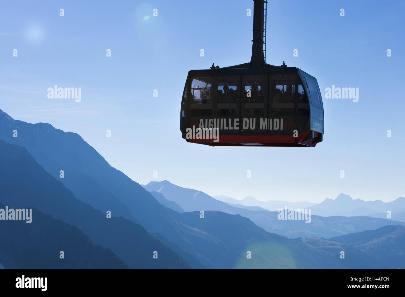 Cable car, Aiguille du Midi, ChamonixMontBlanc, backlight Stock Photo