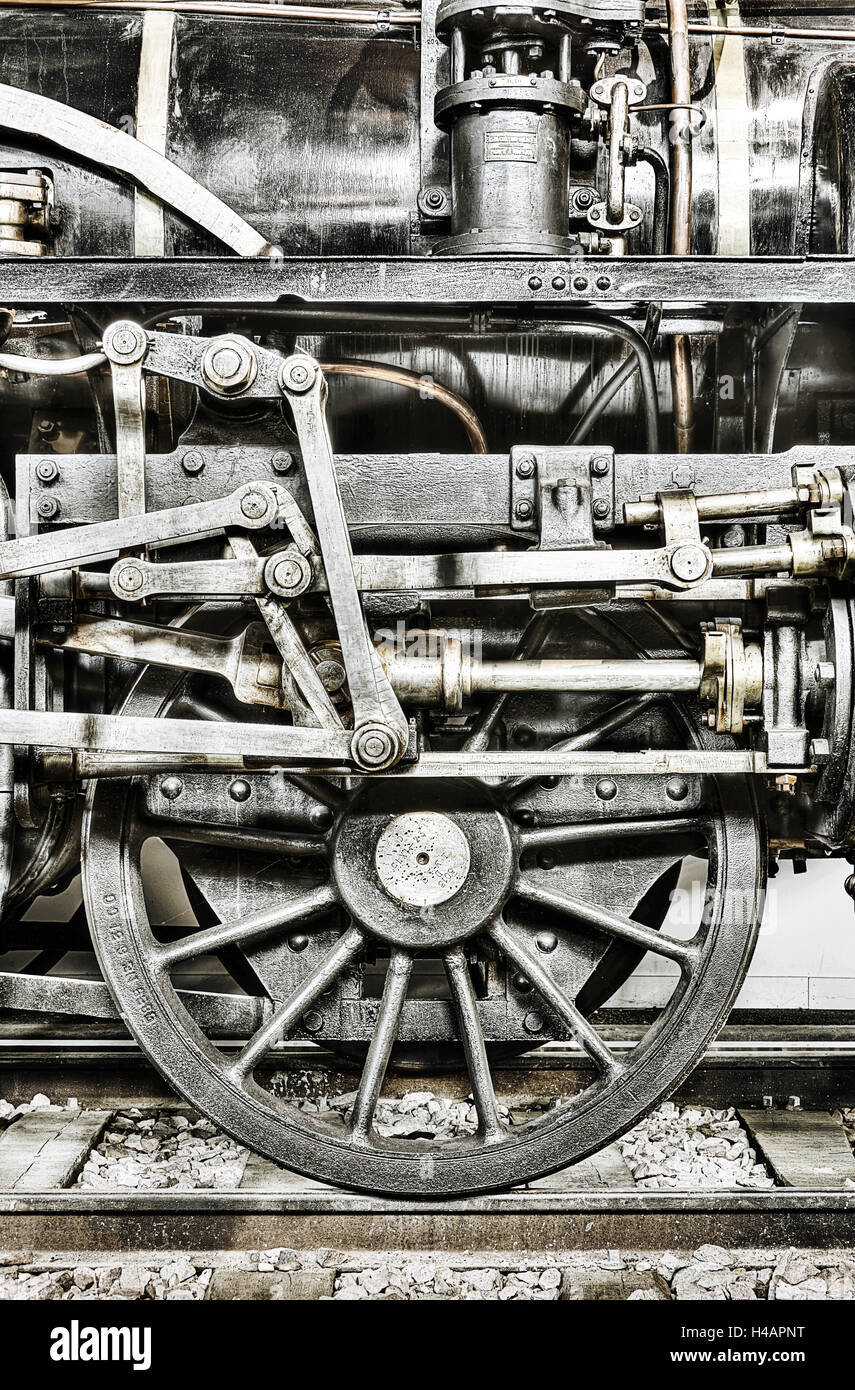 old steam locomotive, wheel, bars, rail, alienated, digital filter, Stock Photo