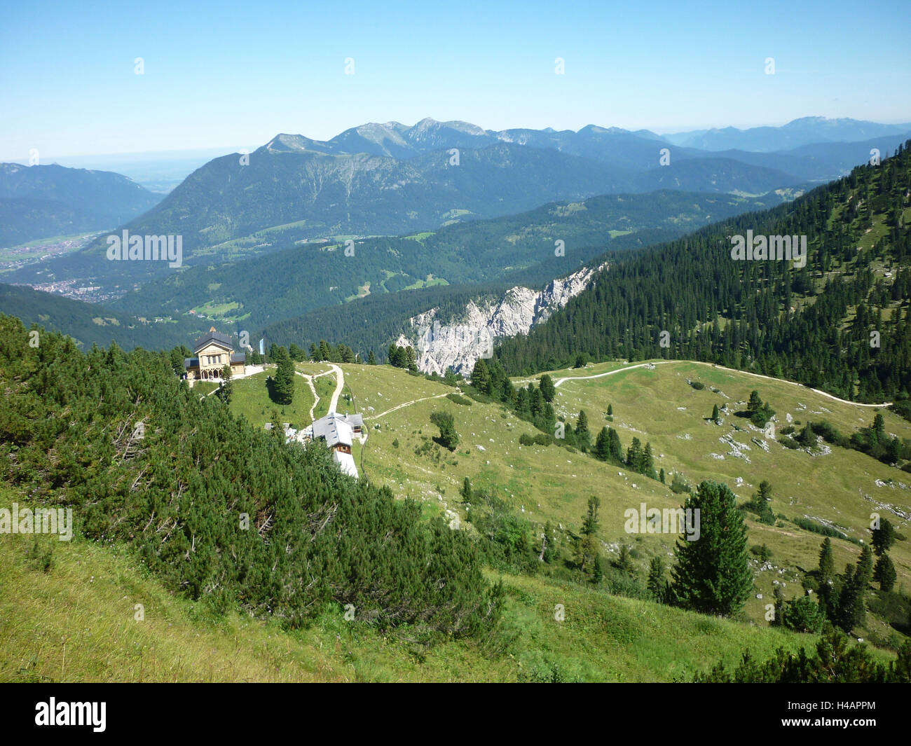 Germany, Bavaria, Wetterstein Range, Schachenhaus with Schachenschloss, view at Estergebirge, Stock Photo