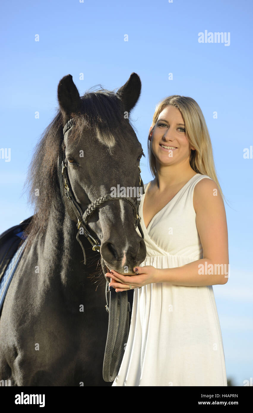 Teenage girl, horse, Arabo-Haflinger, half portrait, stand, view camera, head-on, Stock Photo