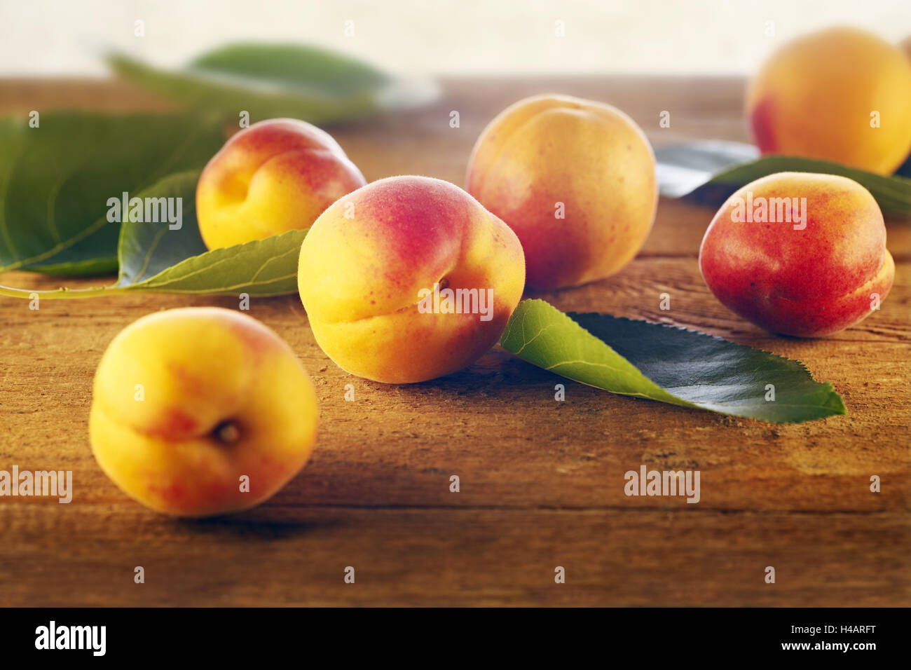 Apricots, yellow, red, wooden table, harvest, autumn, Stock Photo