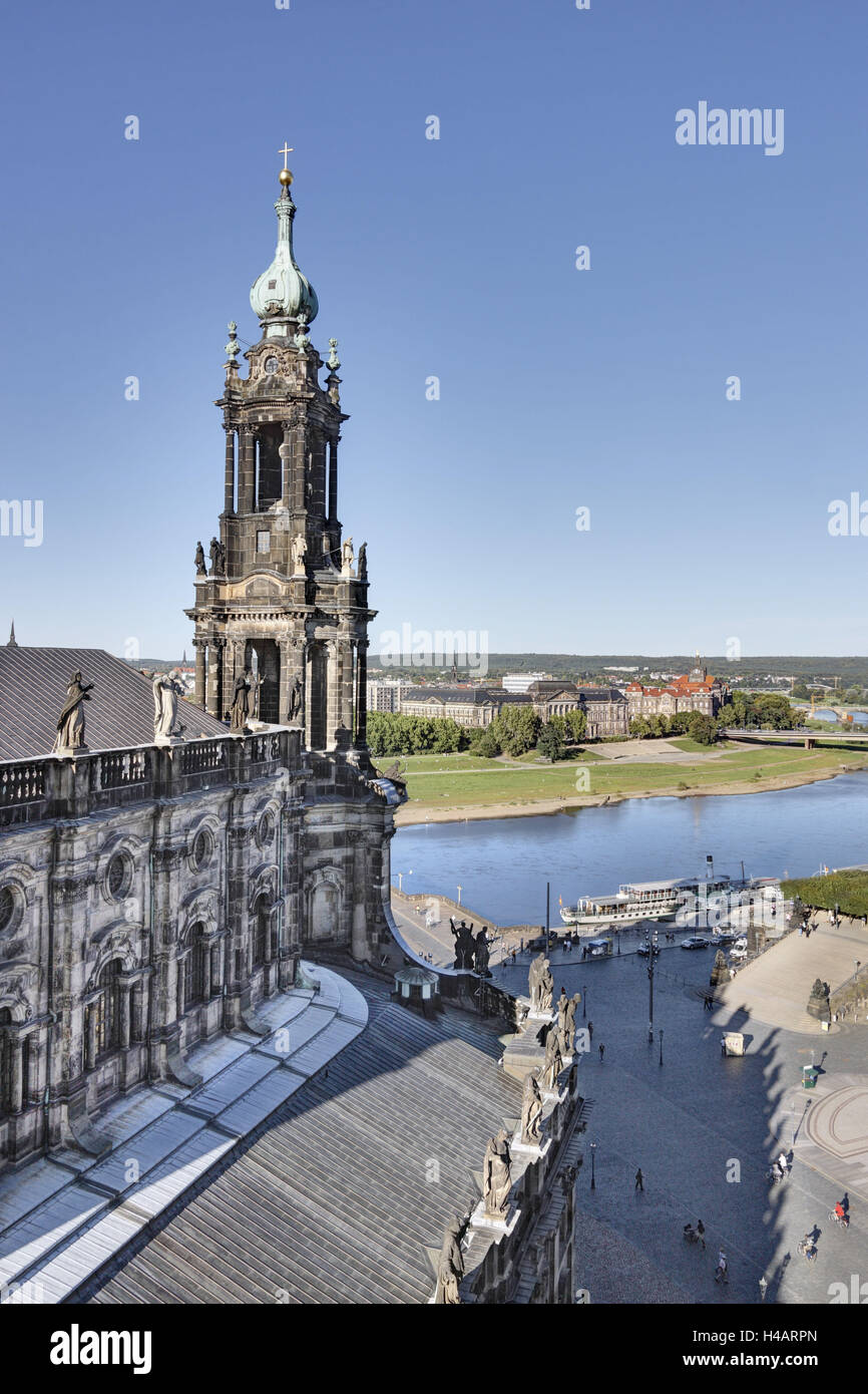Germany, Saxony, Dresden, court chapel, Elbe River, ship, view from Hausmannsturm (Hausmann Tower), Stock Photo
