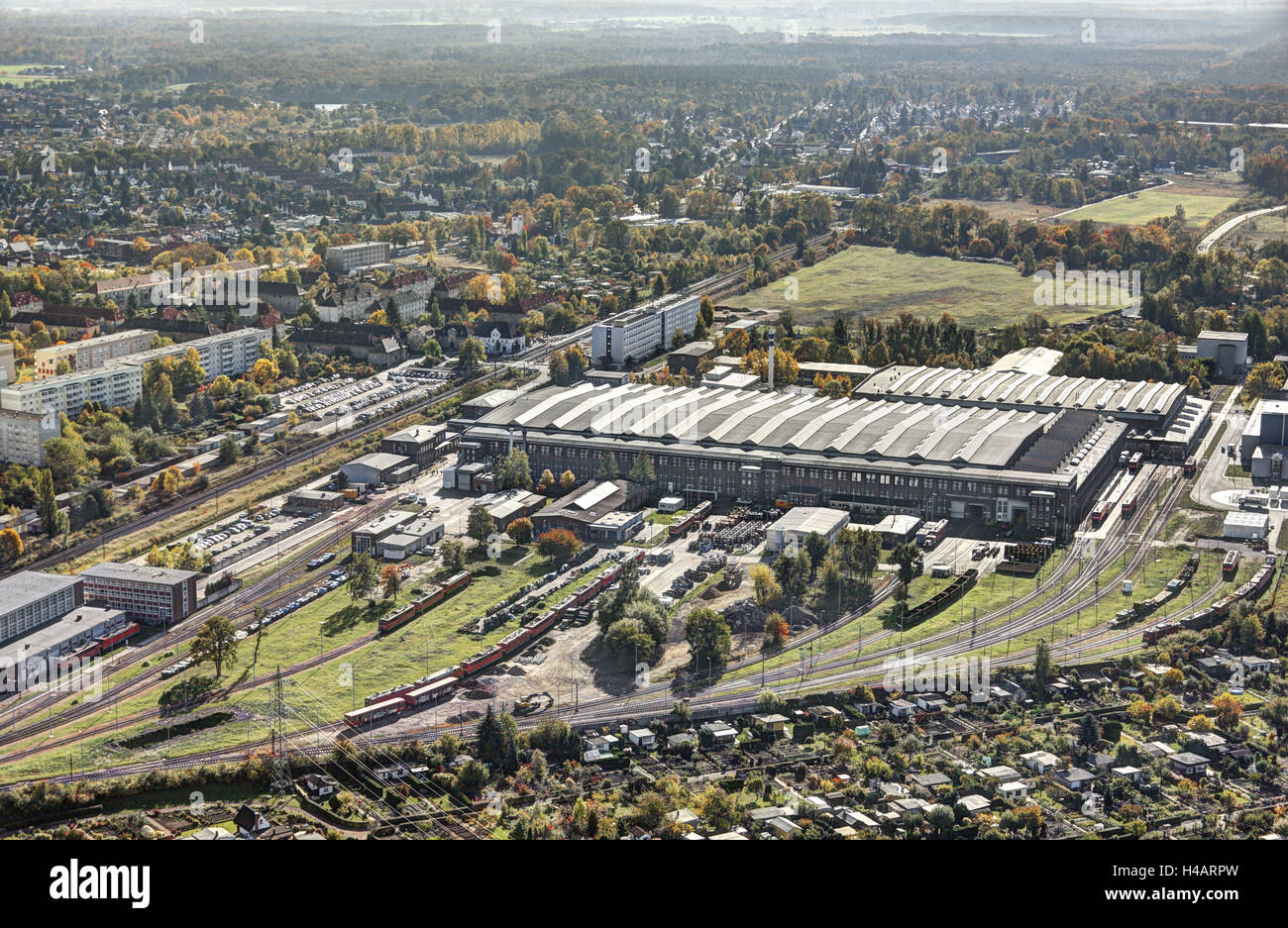Germany, Saxony-Anhalt, Dessau, industrial building, tracks, locomotives, back light, from above, aerial shot, Stock Photo