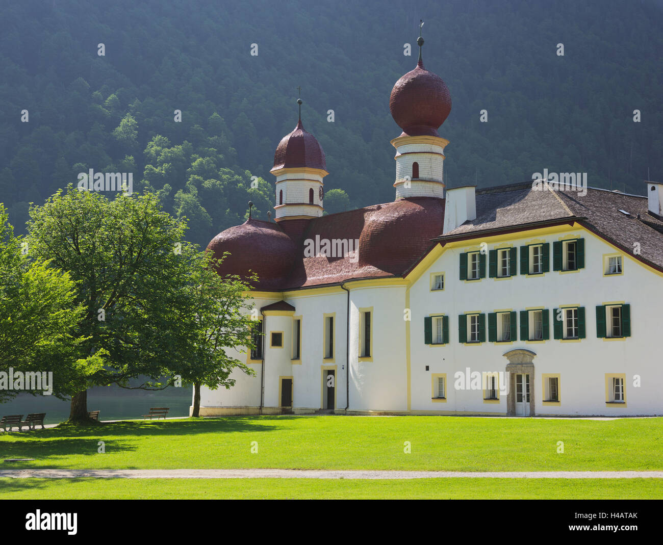 Church Saint Bartholomä, king's lake, National Park Berchtesgaden, Berchtesgadener Land district, Bavaria, Germany Stock Photo