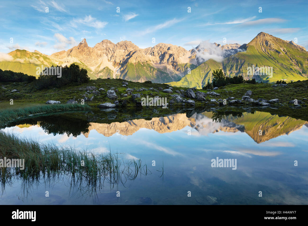 Germany, Allgäu, Alps, mountains, Guggersee, wild, wilderness, green, mountains, rocks, light, mood, mirroring, summit, blue, scenery, Stock Photo