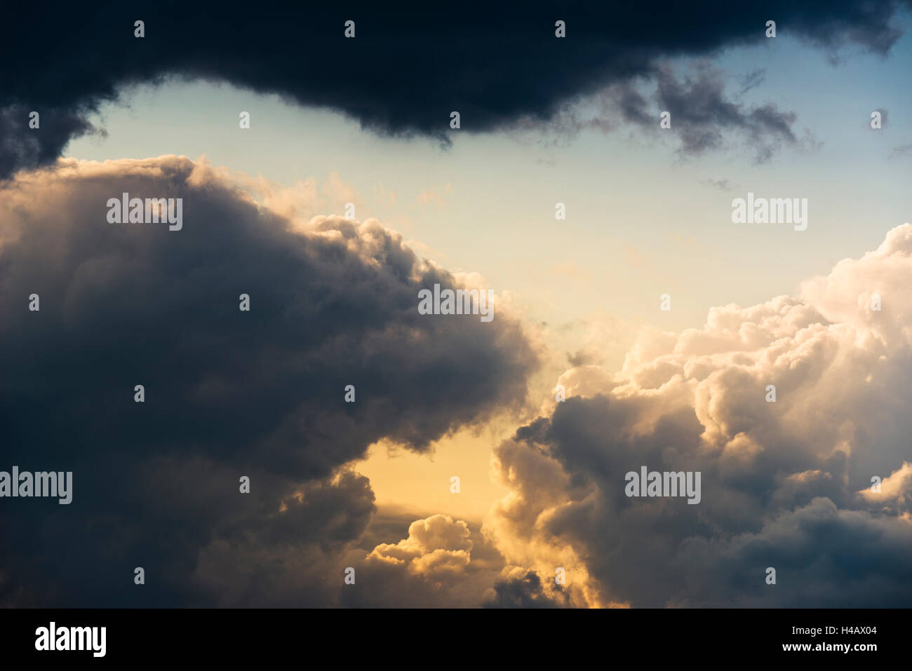 Germany, Bavaria, Lechfeld, sky, clouds, dramatical, light mood, dragon, pigeon, evening, light Stock Photo