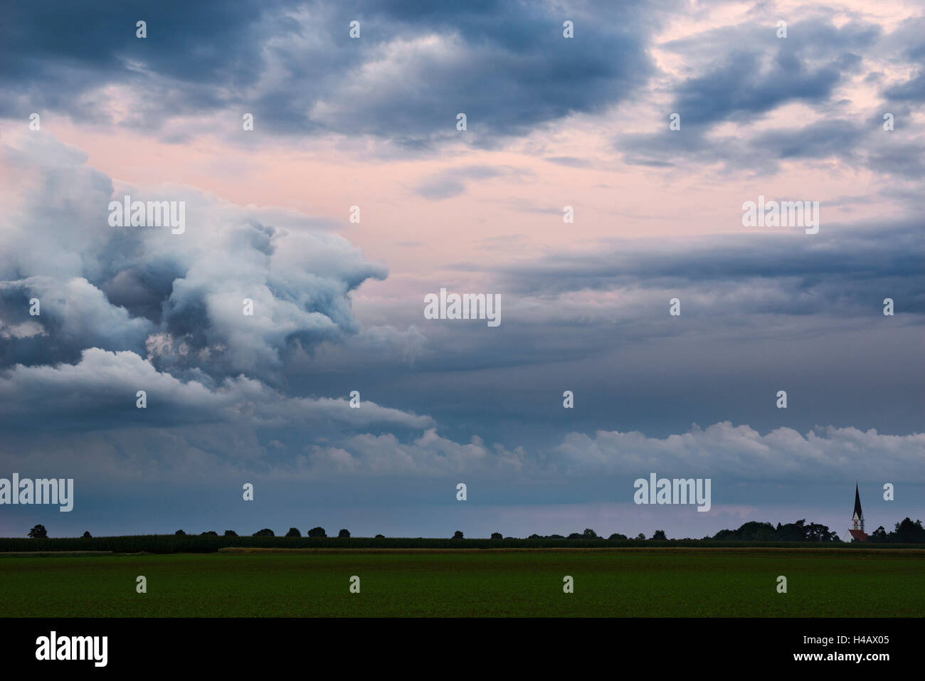 Germany, Bavaria, Lechfeld, trench, Schwabmünchen, Augsburg county, clouds, field, mood, light, contrast, gloomy, panorama Stock Photo