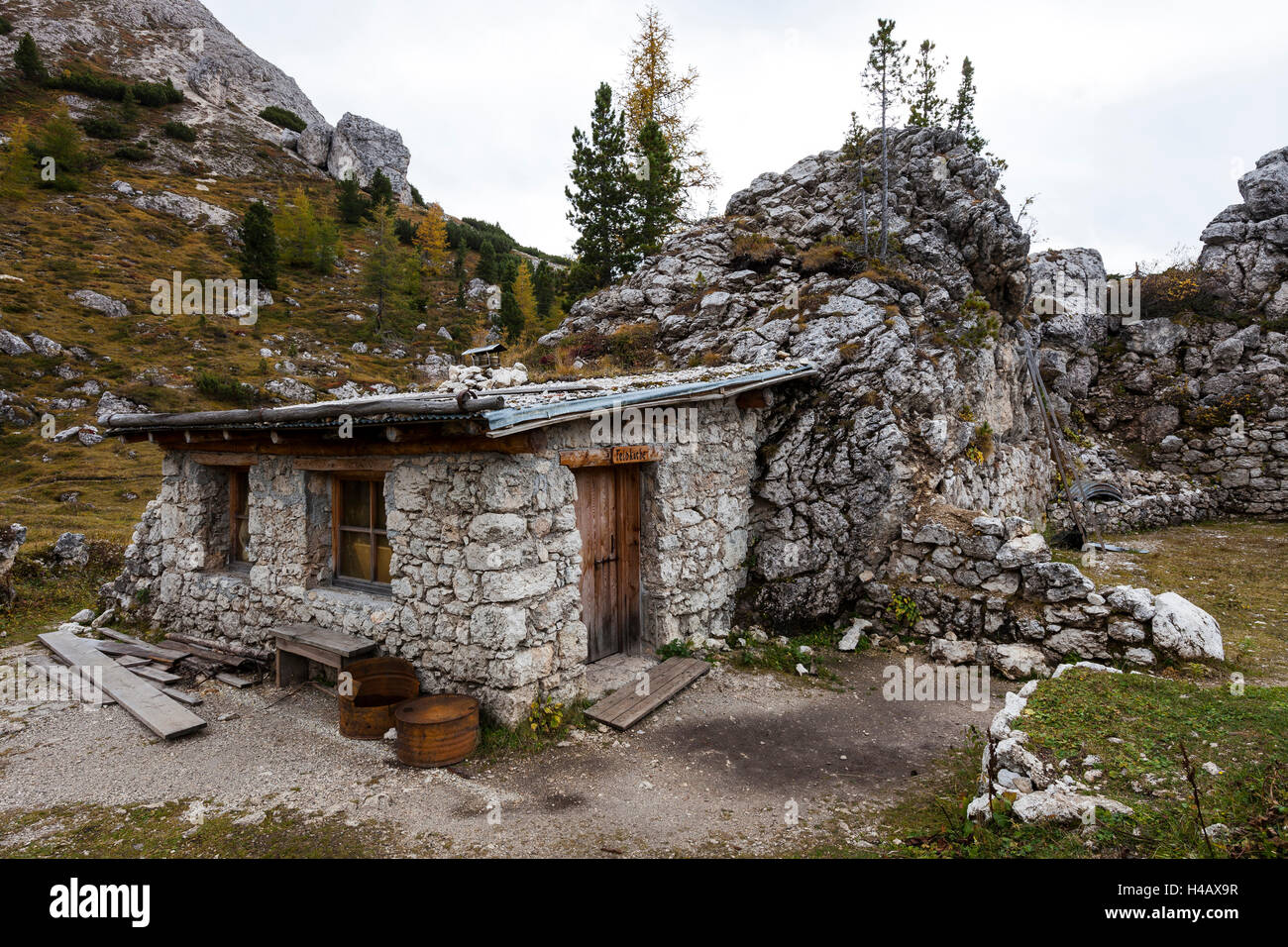 Europe, Italy, the Dolomites, South Tyrol, Valparola Pass, open air world war museum, Edelweiß emplacement Stock Photo