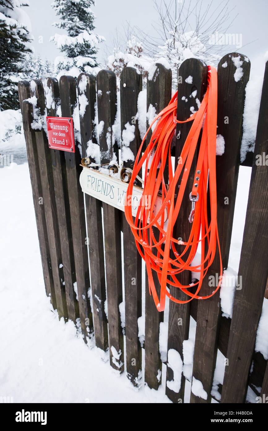 Garden gate with dog leashes, snow Stock Photo