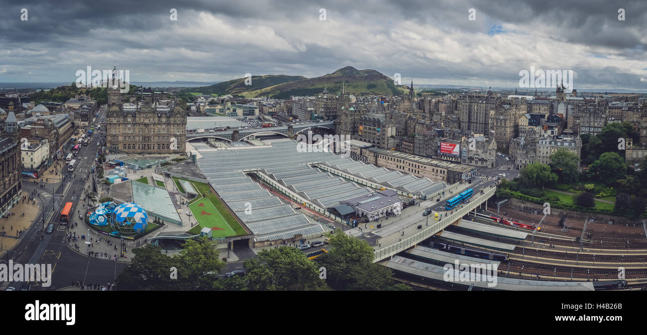 Edinburgh, Scotland -  31 August 2016 : Panoramic view of the roof of the Edinburgh Waverley Train Station as seen from above, S Stock Photo