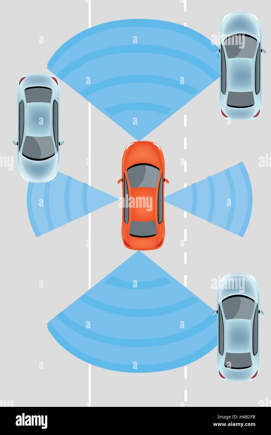 Automobile sensors use in self-driving cars:camera data with pictures Radar and LIDAR  Autonomous Driverless Car Stock Vector