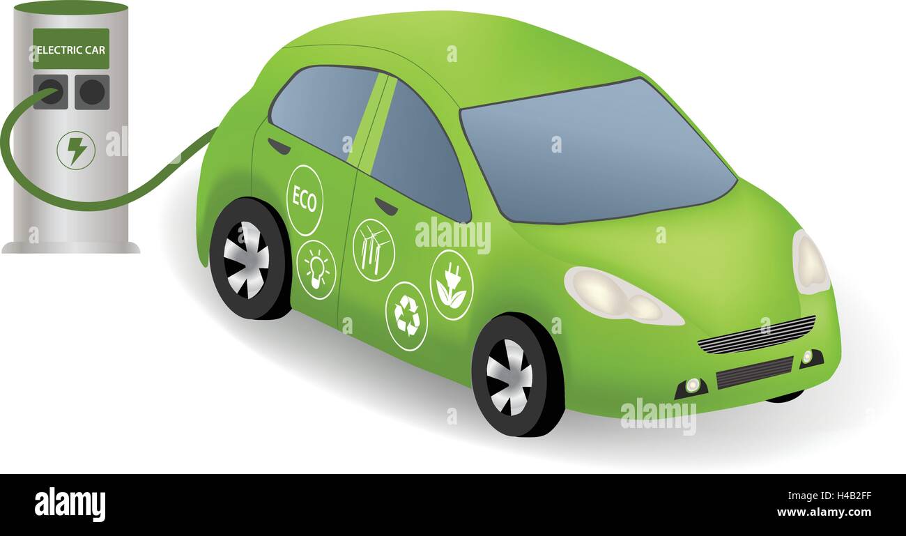 Electric car charging at the charger station. Power supply for electric car. Electric car refuel with power. Eco car with  eco i Stock Vector