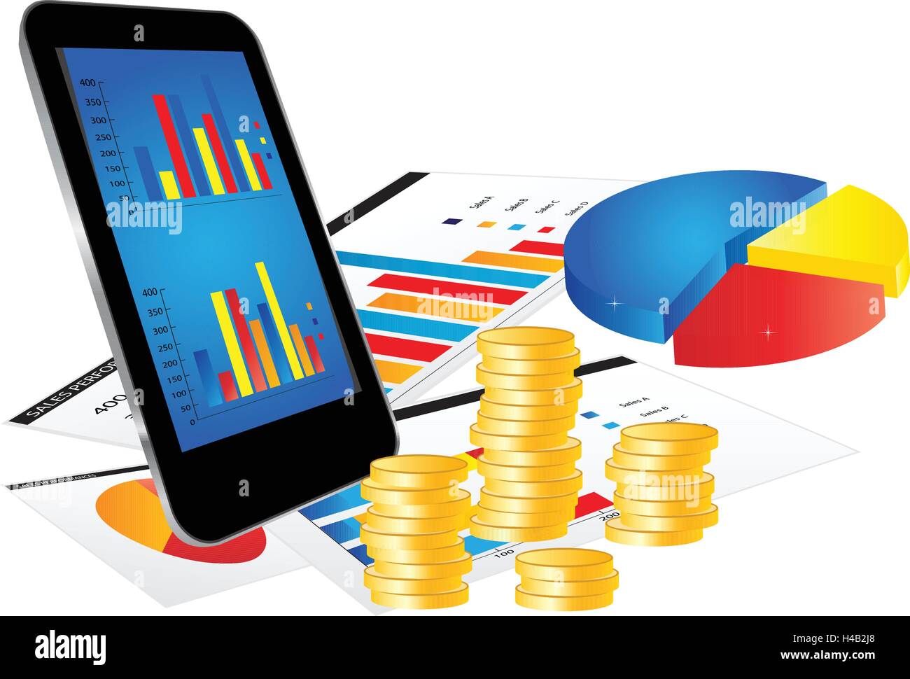 Financial Concept with Smartphone, Business Report and Graphs on white background Stock Vector