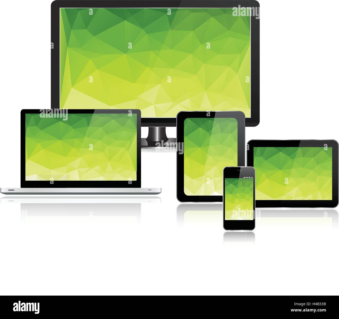 Set of realistic display, laptop, tablet , computer and mobile phone template with green screen Stock Vector
