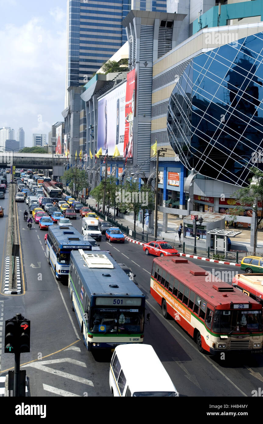 Thailand, Bangkok, street scene, traffic, cars, Asia, South-East Asia, town, capital, town traffic, penalties, means transportation, publicly, motorcycles, traffic jam, multi-lane, traffic light, block vehicles, building, architecture, Stock Photo