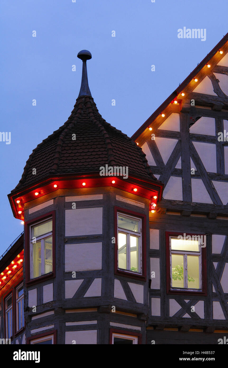 Half-timbered house, illuminateds, detail, evening, Stock Photo