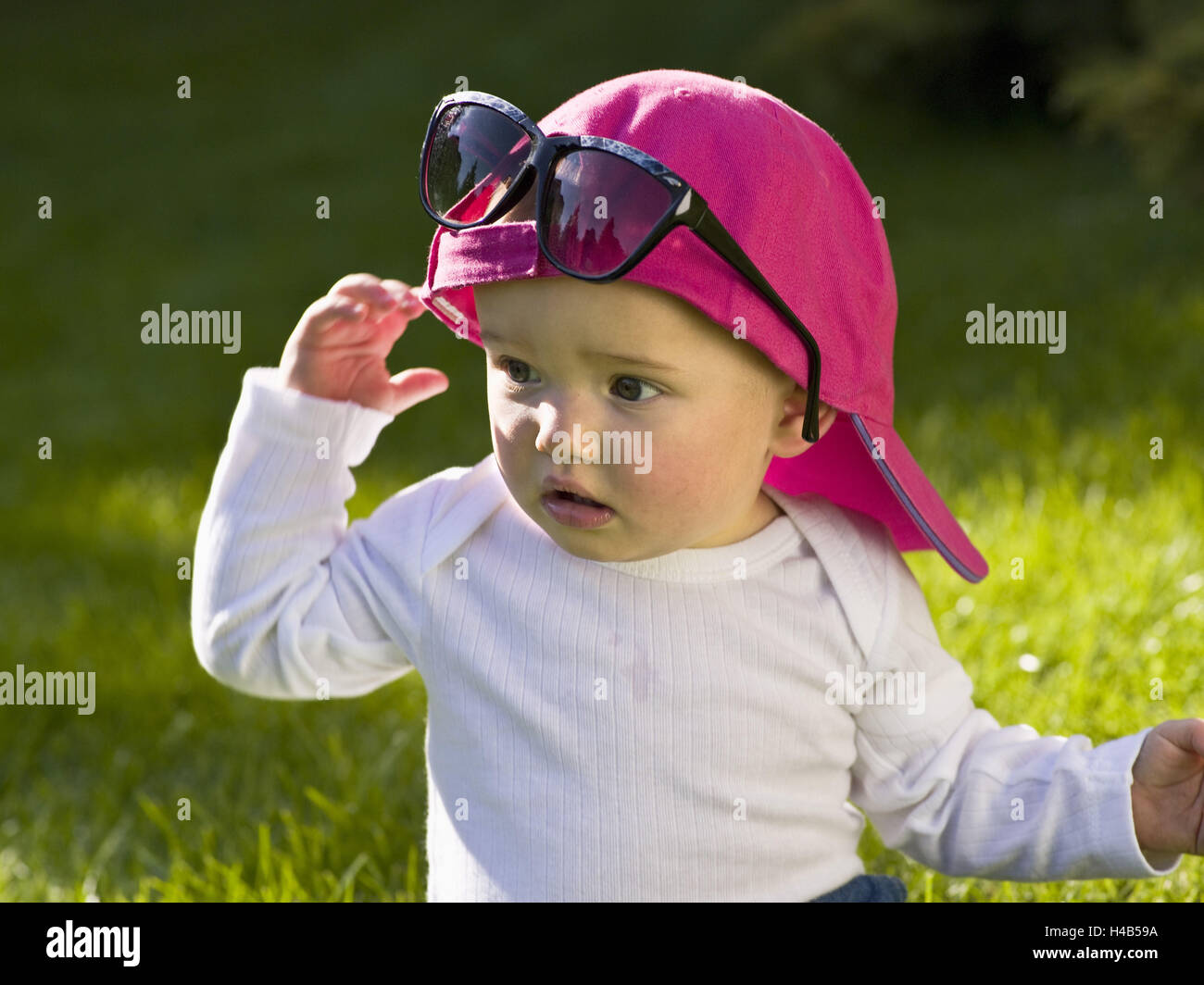 Garden, baby, cap, sunglasses, play, meadow, sit, summer, Stock Photo