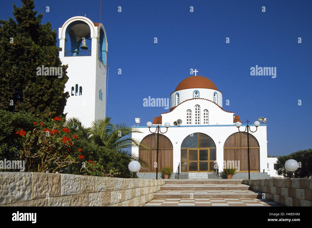 Greece, Dodekanes, island Fondling, Antimachia, church, agio Nikitas, island group, Mediterranean island, the Aegean Sea, Antimacheia, structure, church, sacred construction, steeple, bell tower, band, place of interest, access, Stock Photo