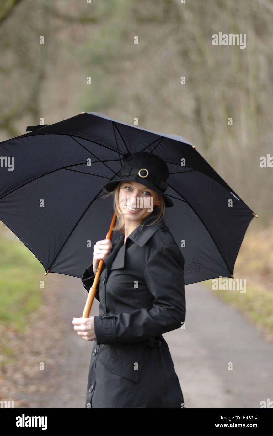 Woman, young, rainwear, umbrella, walking, autumn, Stock Photo