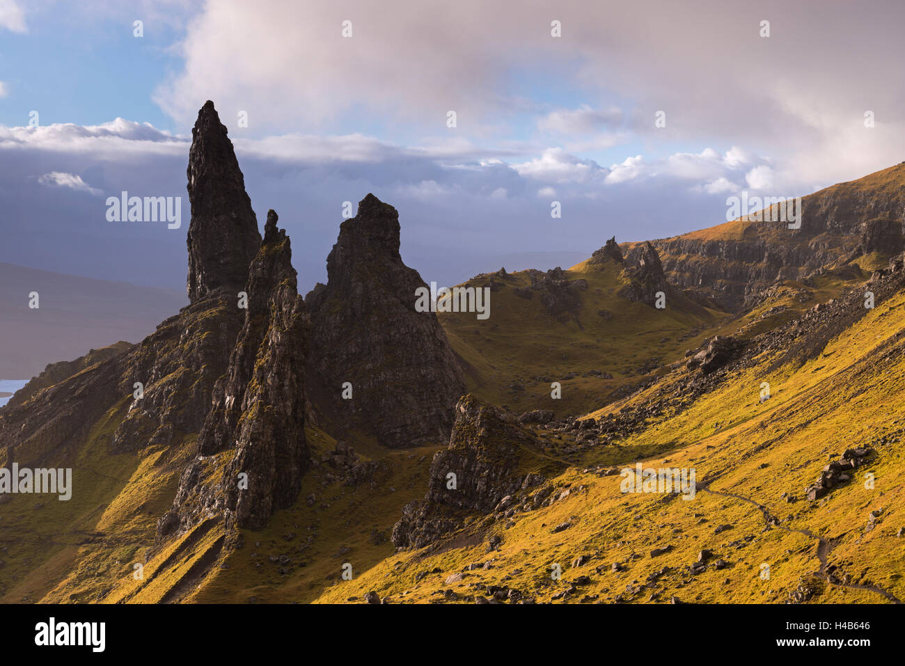 The Old Man of Storr basalt pillars on the Isle of Skye, Scotland. Autumn (November) 2012. Stock Photo