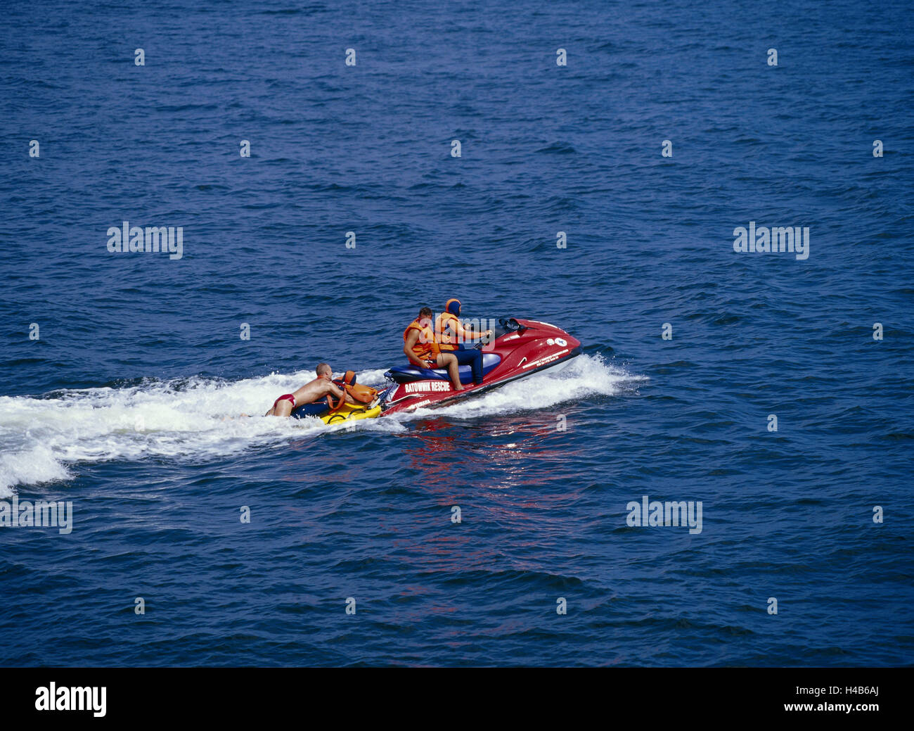 Poland, island Wollin, Misdroy, the Baltic Sea, water guard, jet ski, rescue, man, to west Pomeranians, seaside resort, Baltic bath, tourism, destination, sea, water, accident, misfortune, entry, rescue entry, help, tow, people, men, lifeguards, Stock Photo