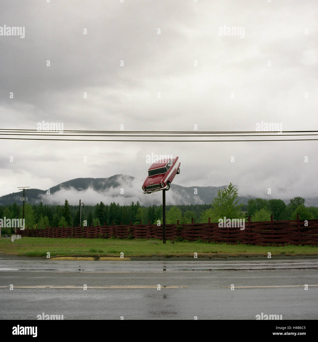 USA, Montana, Libby, roadside, pole, classic car, Hudson, 60s Stock