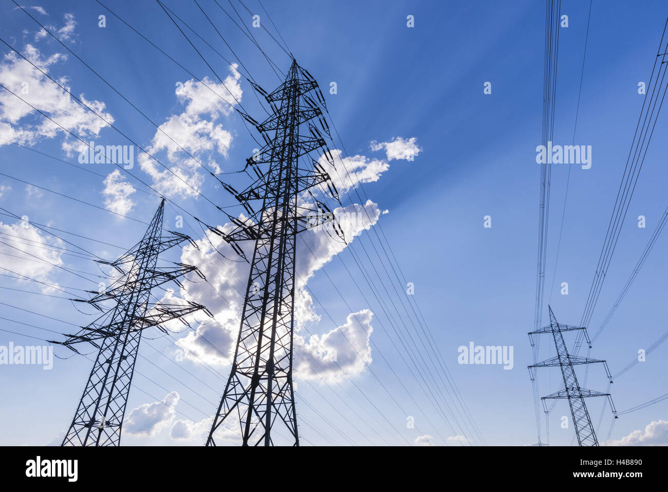 Germany, Hessen, Taunus (region), Niedernhausen, electricity pylons and power lines, Stock Photo