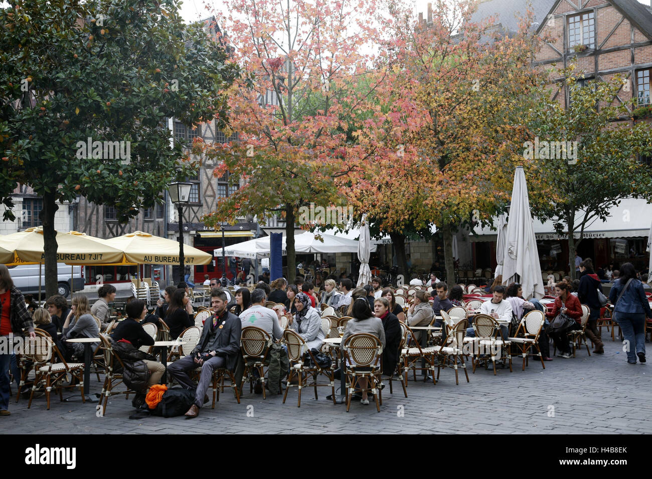 France, Central France, Indre-et-Loire, Tours, Place Plumereau, street cafe, people, Stock Photo
