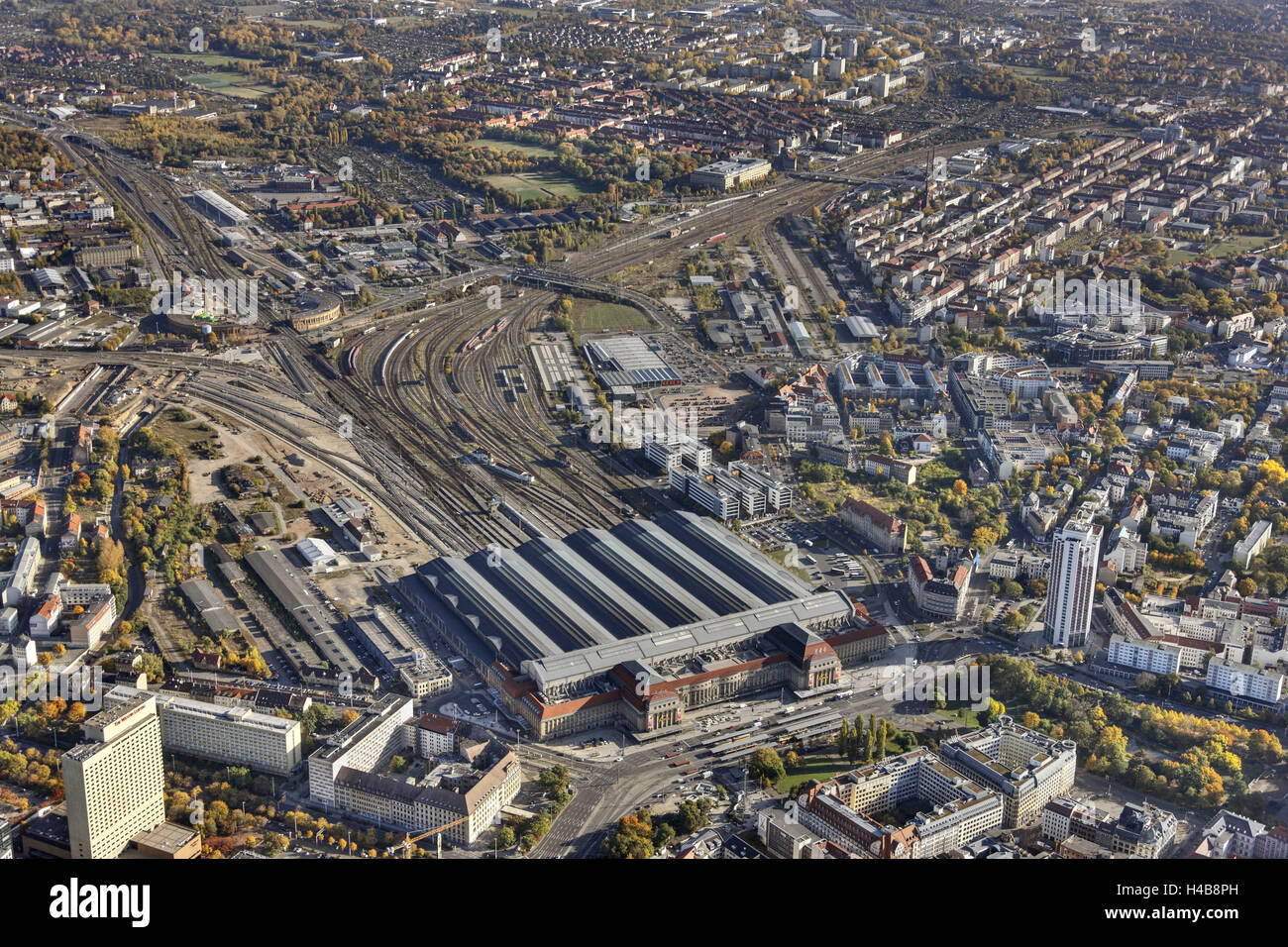 Germany, Saxony, Leipzig, railroad station, tracks, trains, houses, from above, aerial chot, Stock Photo