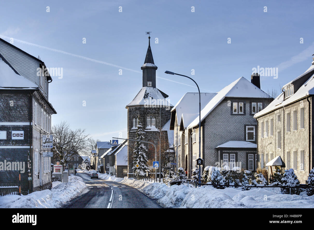 Germany, Thuringia, Neustadt (Rennsteig), street, houses, church, Stock Photo