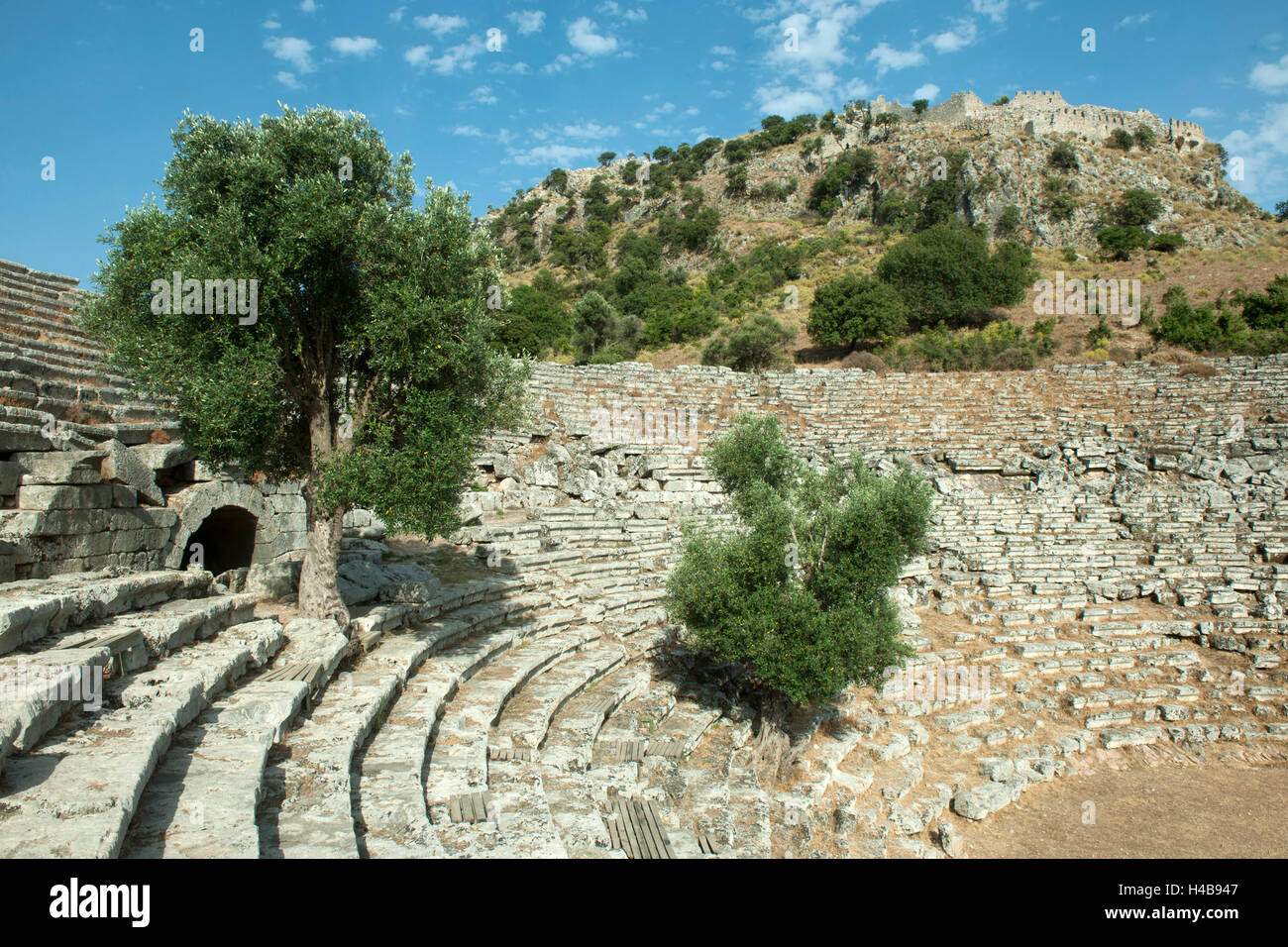 Asia, Turkey, province of Mugla, Dalyan, excavation of Kaunos, view about the theatre to the Acropolis hill Stock Photo