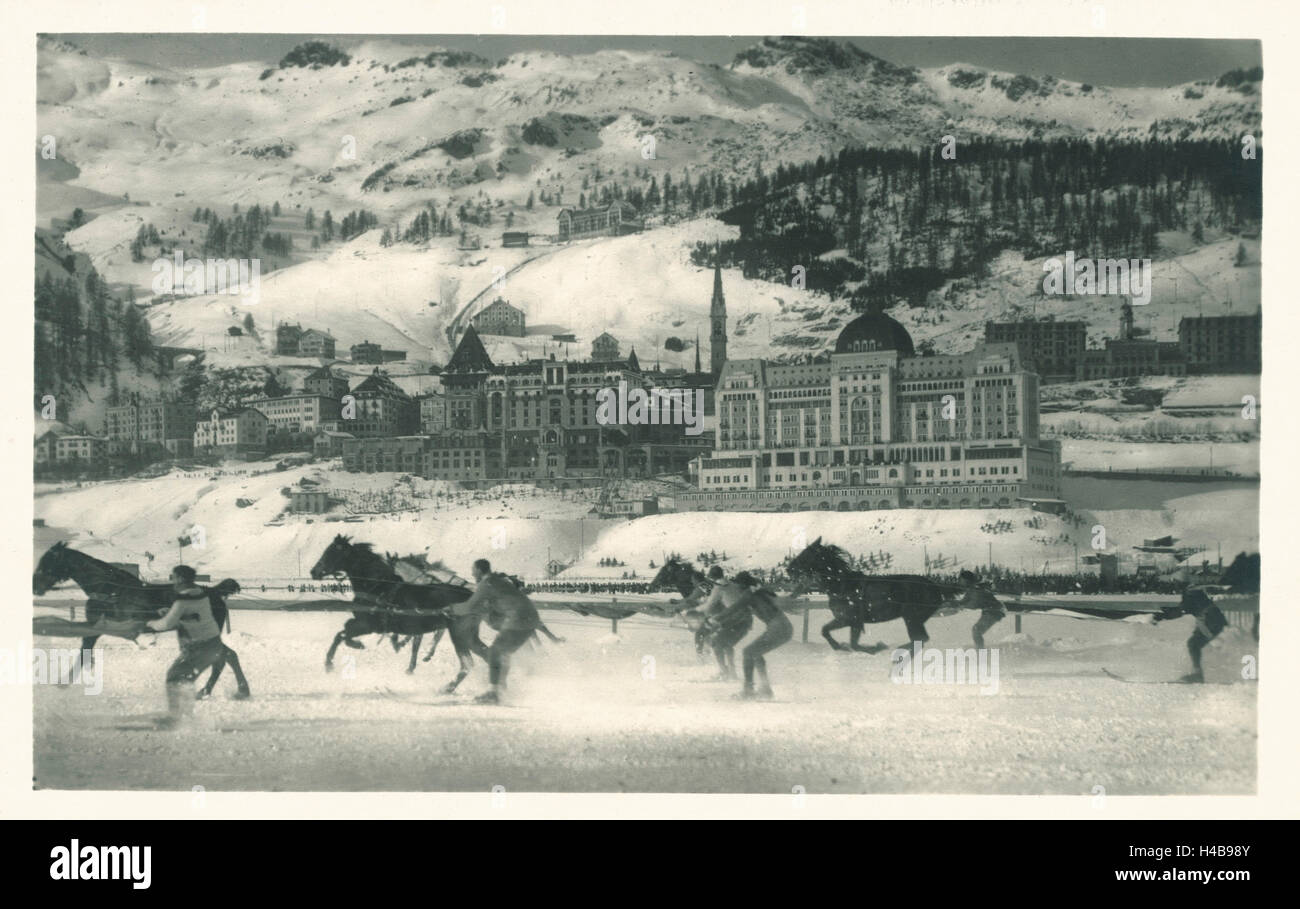 Postcard, historical, Skijöring competition on the Saint Moritzersee, Switzerland, the Engadine, b/w, Stock Photo