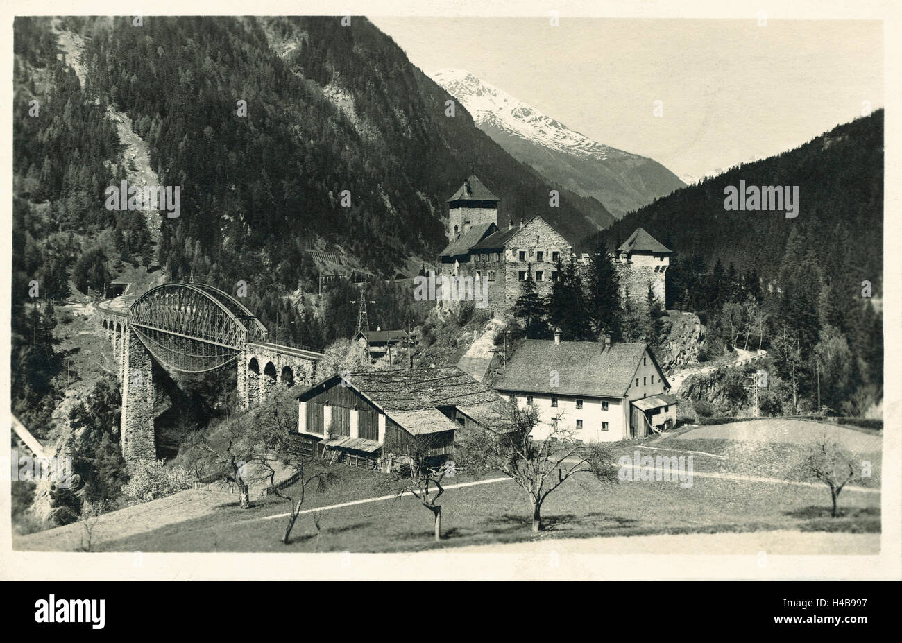 Postcard, historical, castle Mountain Wies, Trisannabrücke, Arlbergbahn, Paznauntal, Tyrol, Austria, b/w, Stock Photo